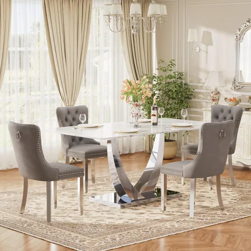 Vista 25 de Juego de mesa de comedor de cristal moderno de mediados de siglo para 4, 63 pulgadas, juego de comedor rectangular grande de lujo con parte superior