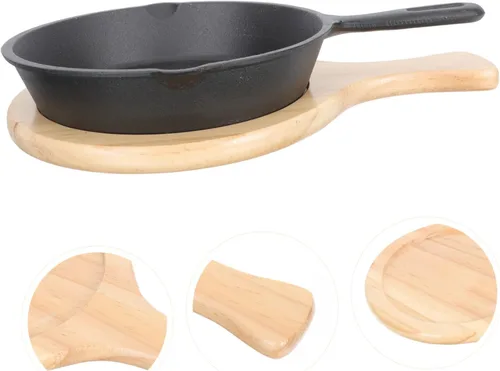 Vista 9 de Uonlytech Thickened Cast Iron Non-stick Frying Pan with Handle and Wooden Board Even Heat Distribution Steak Cooking Pan for Home Kitchen Utensil