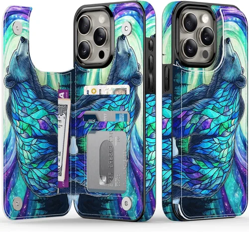 Vista 26 de FUNMIKO Funda tipo cartera para iPhone 13 con tarjetero, bloqueo RFID, protección de grado militar y obras de arte impresas con rayos UV, cierre