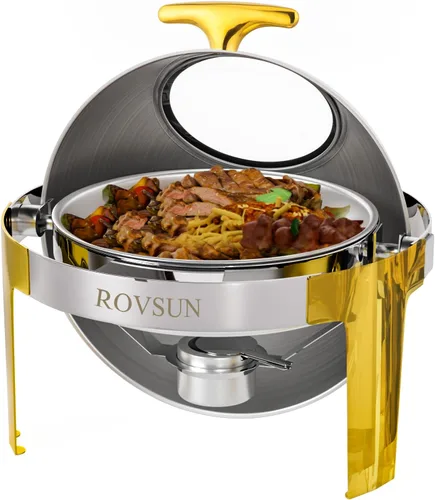 Vista 11 de ROVSUN Juego de bufé de platos de roce con tapa enrollable, 6 cuartos de galón de acero inoxidable redondo para catering, servidores de buffet