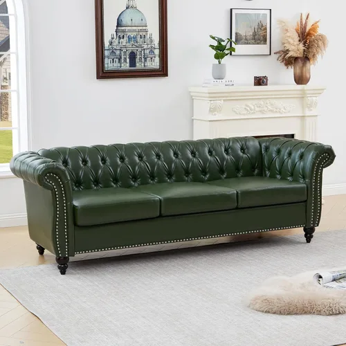 Vista 12 de ORRD Sofá seccional pequeño en forma de L, sofá Chesterfield de cuero copetudo con brazos de desplazamiento y cabeza de clavo para sala de estar