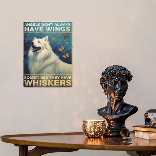 Vista 3 de Póster de pared vintage, placa de metal, ángeles no siempre tienen alas a veces tienen bigotes, póster de pared de metal samoyedo, placas de ángel