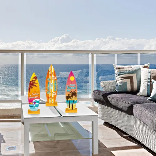 Vista 3 de Blulu 8 piezas de decoración de mesa de tabla de surf, letreros de playa, letrero de bienvenida al paraíso, centros de mesa de bar tropical, letrero
