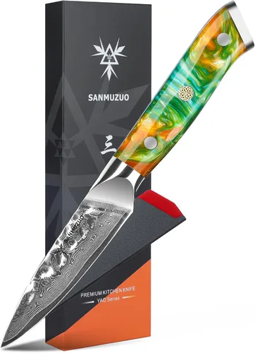 Vista 11 de Cuchillo Santoku de 7" - Cuchillo de chef japonés - Acero de Damasco martillado y mango de resina - Serie YAO