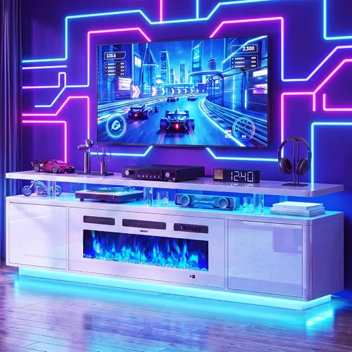 Vista 29 de oneinmil Soporte de TV con chimenea blanca de 70 pulgadas para sala de estar, centro de entretenimiento con chimenea eléctrica con luces LED dobles