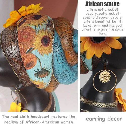 Vista 4 de Estatua de busto de arte africano, decoración del hogar, figuras de niña de girasol africano, decoración del hogar, escultura de busto afroamericana