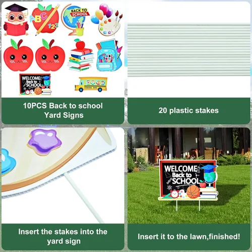 Vista 3 de Juego de 10 carteles de regreso a la escuela con estacas, diseños surtidos de manzana, búho y autobús escolar para decoración de jardín y césped al