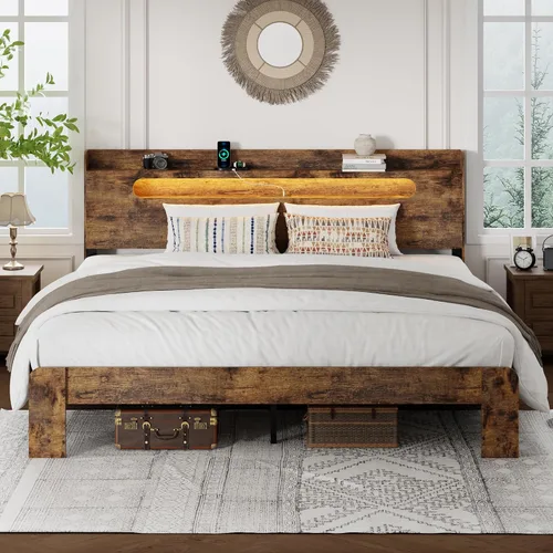 Vista 11 de Base de cama tamaño matrimonial con cabecera de almacenamiento, base de cama de plataforma con estación de carga y luces LED, listones de madera
