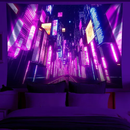 Vista 3 de NYZE Tapiz de luz negra de ciudad, tapiz de anime japonés, juego punk, fantasía, vista nocturna, paisaje urbano, arte futurista, neón, tapices