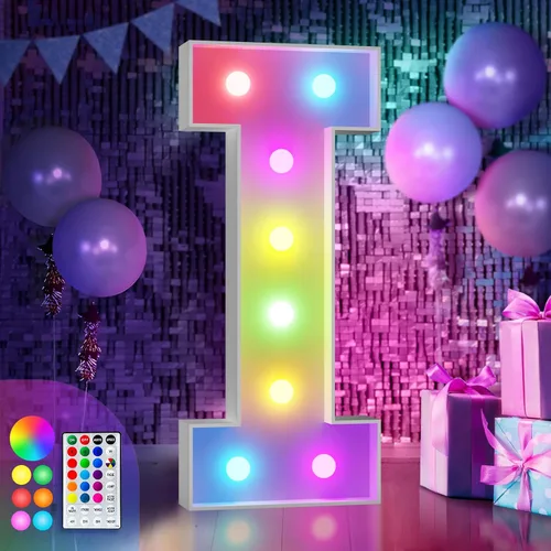Vista 26 de Imprsv Letras coloridas de marquesina de 3 pies y letras grandes iluminadas RGB con control remoto, decoraciones de fiesta de cumpleaños Carta