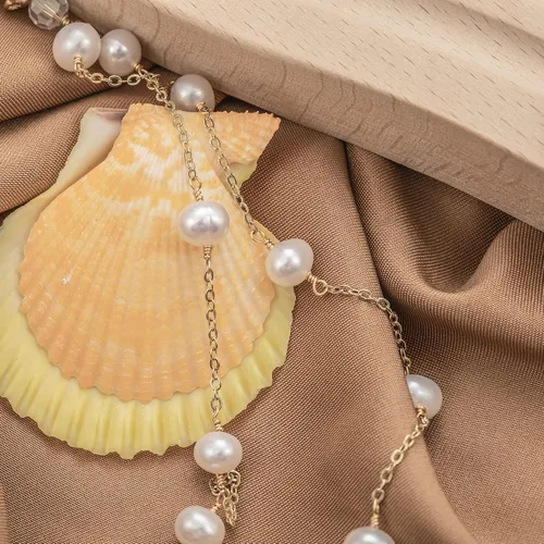 Vista 6 de InzheG Gargantilla de perlas de agua dulce, ajustable, chapada en oro de 14 quilates, hecha a mano, cadena de perlas barrocas cultivadas, collar