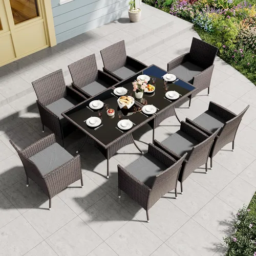 Vista 11 de Juego de 10 piezas de comedor para patio al aire libre, mesa de patio y sillas de ratán con agujero para paraguas, juego de mesa de comedor para 8