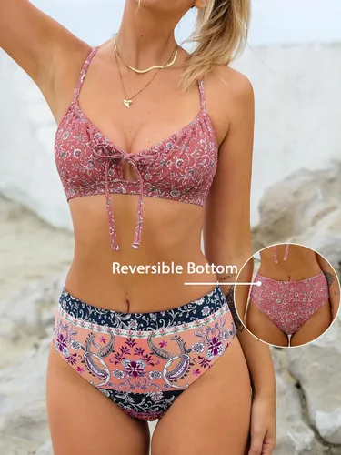 Vista 2 de CUPSHE Conjunto de bikini para mujer, traje de baño de dos piezas, cuello en V, bralette de encaje en la espalda, parte inferior reversible