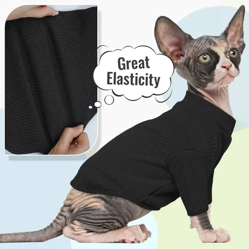 Vista 5 de DENTRUN Sphynx - Camisa de gatos sin pelo, camiseta de gatito, transpirable, cuello alto, adorable ropa de gato, chaleco de pijama Negro