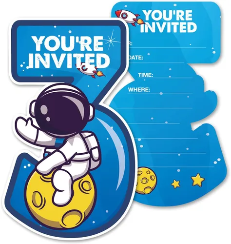 Vista 9 de Outer Space - Invitaciones de fiesta de primer cumpleaños con sobres, juego de 20 tarjetas de invitaciones de astronauta con una forma de astronauta