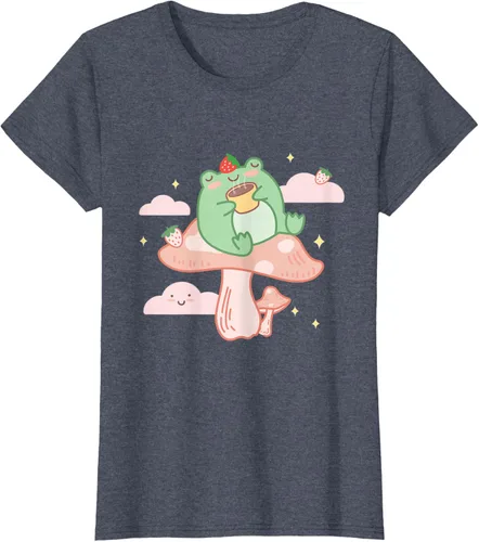 Vista 54 de Kawaii Strawberry Frog On Mushroom - Camiseta de manga corta de anime, Azul / Patchwork, S Azul Pastel