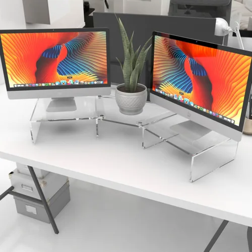 Vista 7 de Soporte para monitor doble - Soporte de acrílico transparente para monitor de computadora doble - Soporte ergonómico para monitor para escritorio