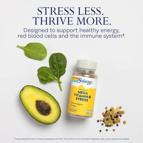 Vista 4 de SOLARAY Mega Vitamina B-Estrés, Complejo vitamínico B de liberación programada con 1000 mg de vitamina C para el estrés, la energía y el apoyo a