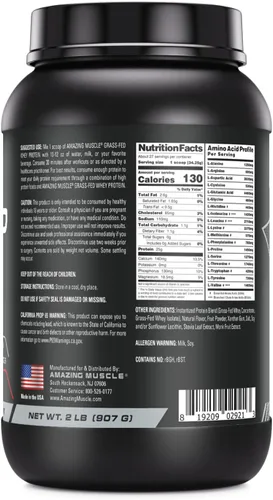 Vista 2 de Amazing Muscle Suplemento de proteína de suero de leche alimentada con pasto 2 libras (31.99 oz) Sin OMG Sin gluten Fabricado en Estados