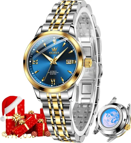 Vista 12 de OLEVS - Reloj automático para mujer de oro, lujo con diamante, de cuerda automática, relojes de pulsera para damas impermeables, luminosos, con fecha