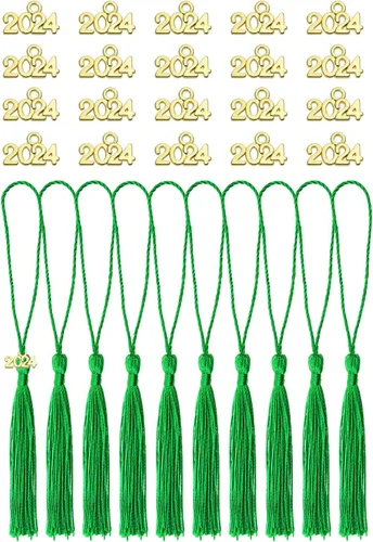 Vista 13 de Tupalizy 10 mini borlas sedosas hechas a mano con 20 dijes del año 2024 para graduación, llavero, aretes, joyería, regalos de boda, recuerdos, Negro