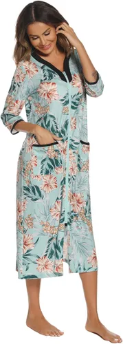 Vista 3 de Hellomamma Bata con cremallera para mujer, manga 34, vestido de descanso, longitud completa, bolsillos, bata de baño larga