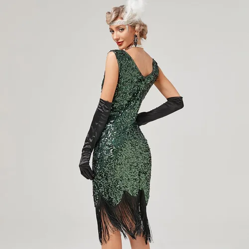 Vista 3 de Vestidos de los años 20 para mujer, vestidos estilo Gatsby, vestido de cóctel con flecos y lentejuelas vintage de los años 20