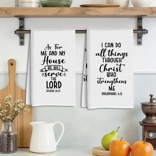 Vista 2 de Regalos cristianos para mujeres y hombres, juego de 2 toallas de cocina con tejido de gofre, versículo de la Biblia, toallas de mano para baño