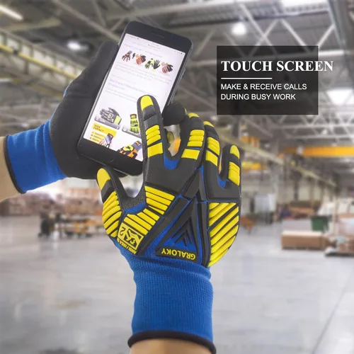 Vista 4 de 3 pares de guantes de trabajo, guantes resistentes a los impactos con goma para hombres y mujeres, guantes de nitrilo resistentes a cortes, guantes