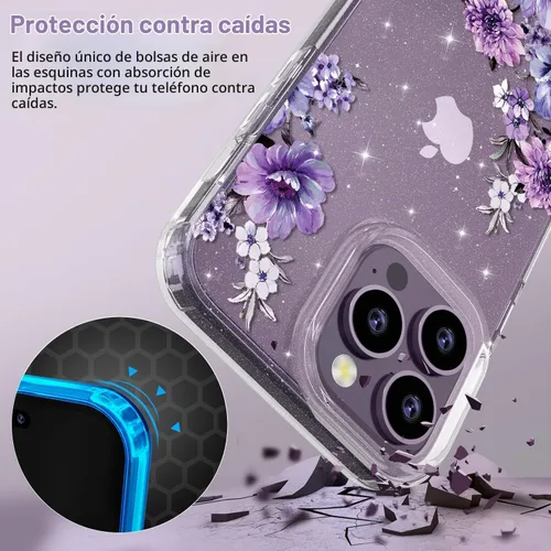 Vista 5 de OKP Funda 3 en 1 para iPhone 14 Pro Max, con protector de pantalla/protector de lente de cámara, bonito patrón floral, transparente, brillante
