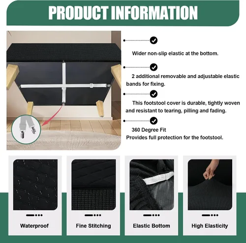 Vista 4 de Funda de otomano acolchada impermeable con protector de reposapiés para sofá, cubierta para taburete, protector para taburete con lazada Negro