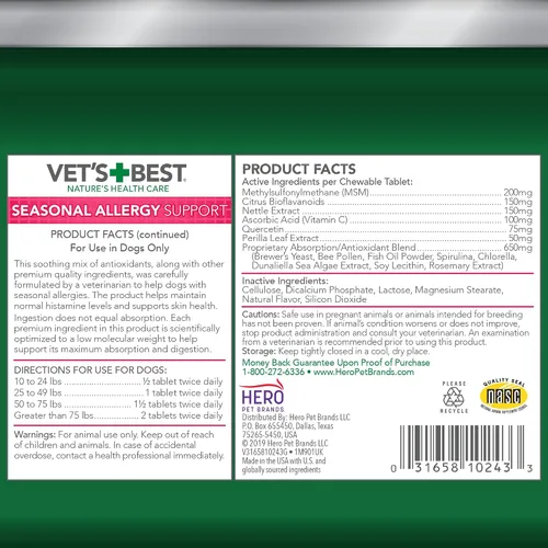 Vista 6 de Vet del mejor Alivio de la alergia de temporada perro Suplementos, 60 tabletas masticables, EE. UU. Made Seasonal Allergy Relief Tablets, Helps