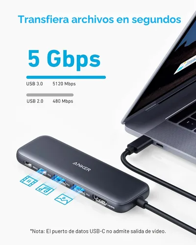 Vista 4 de Anker Hub USB C, divisor USBC a HDMI 5 en 1 con pantalla 4K, 1 puerto USB-C de 5 Gbps alimentado y 2 puertos de datos USB-A 3.0 de 5 Gbps