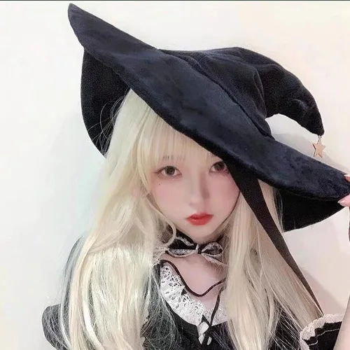 Vista 6 de Aetygh Sombrero de mago negro para mujeres y niñas, sombrero de bruja Lolita de Halloween con ala grande, sombrero de bruja, disfraz de fiesta