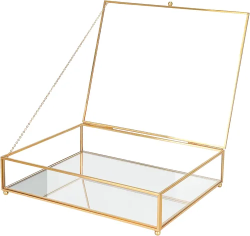 Vista 11 de REDHUGO Cajas grandes de vidrio para exhibición hechas a mano, parte inferior con espejo, caja de joyería de cristal con tapa, para libros, fotos
