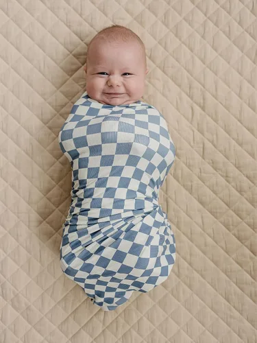 Vista 2 de Mebie Baby Manta elástica a cuadros azules, moderna y neutra para bebé niña o niño, mantas suaves para bebé, manta para recién nacido, 0-3 meses