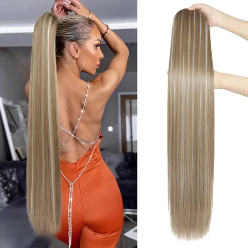 Vista 15 de SEIKEA Extensiones de cola de caballo con cordón, larga y recta, cola de caballo falsa, natural, suave, extensiones de cabello sintético resistente