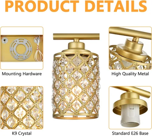 Vista 5 de 3 Luces de Iluminación de Oro para Baño, Luz Moderna de Tocador de Granja, Accesorio de Iluminación de Tocador de Cristal para Cuarto de Polvo