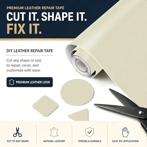 Vista 6 de Parche de reparación de cuero para sofás, kit de cinta de reparación de cuero autoadhesiva para muebles, sofás, asientos de automóvil, sillas, Beige