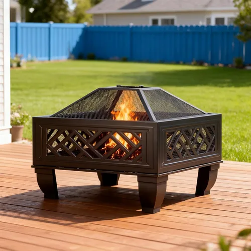 Vista 9 de Breezz Fogata de leña de 26 pulgadas con parrilla de cocina y pantalla de chispas, hoguera redonda de metal para exteriores, patio, fiesta