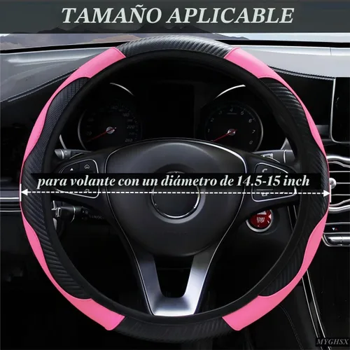 Vista 2 de Funda universal de microfibra para volante de automóvil, fibra de carbono elástica, 15 pulgadas, transpirable, antideslizante, protector de volante