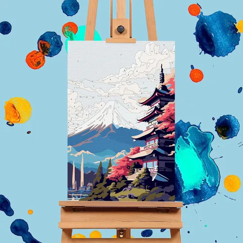 Vista 5 de Offito Paquete de 4 pinturas enmarcadas por números para adultos principiantes con caballete de madera, kit de pintura fácil de paisaje por números