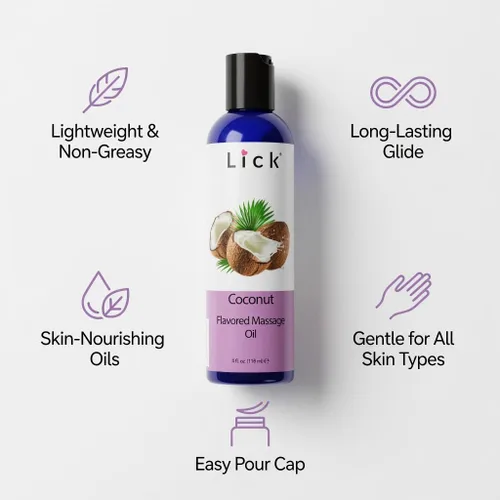 Vista 7 de Lick Aceite de masaje con sabor a coco, aceite de masaje comestible tropical con aceite de almendras dulces y vitamina E, fórmula hidratante segura