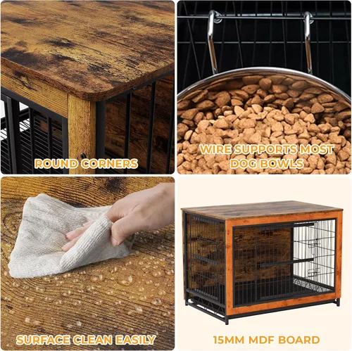 Vista 6 de TLSUNNY Muebles de jaula para perros, 44.1 pulgadas de madera para interiores con 2 puertas, jaula resistente con bandeja extraíble, mesa auxiliar