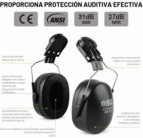Vista 3 de GREEN DEVIL - Orejeras de protección auditiva con cancelación de ruido NRR 28dB Protección auditiva para tiro, campo de tiro, construcción, adulto