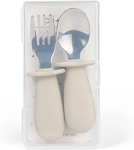 Vista 5 de Ali+Oli Juego de aprendizaje de cuchara y tenedor para niños pequeños (caqui) de 6 meses (caqui), mango de silicona de grado alimenticio, fácil