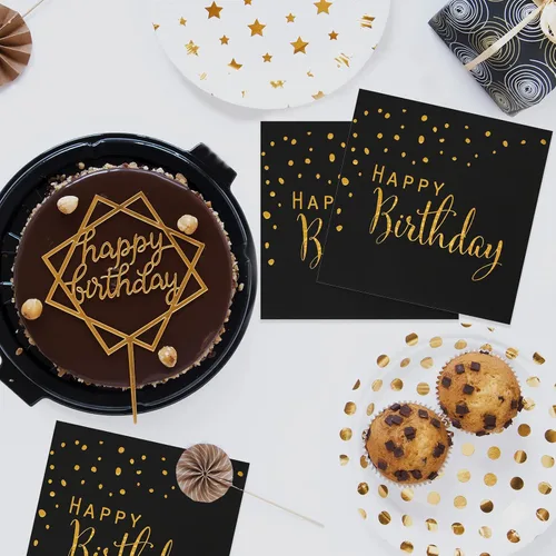 Vista 3 de DYLIVeS Servilletas de feliz cumpleaños, servilletas de papel de aluminio negro y dorado, servilletas de papel desechables para cena, picnic (Negro)