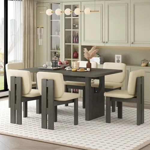 Vista 8 de Merax Juego de comedor retro de 7 piezas para 6, mesa rectangular de madera de goma con base de caballete diseñada y 6 sillas tapizadas para comedor