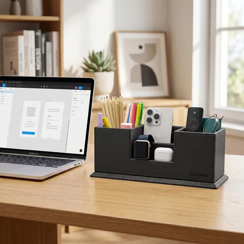 Vista 4 de UnionBasic - Organizador de escritorio de cuero sintético con 4 compartimentos, para tarjetas, bolígrafos, lápices, teléfonos celulares, suministros