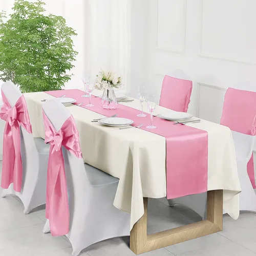 Vista 5 de Paquete de 10 bandas de satén rosa claro para silla, lazos para sillas de boda de 7 x 108 pulgadas para banquetes, decoraciones de fiestas, eventos